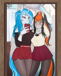 Size: 2356x2897 | Tagged: safe, artist:askbubblelee, imported from derpibooru, oc, oc only, oc:bubble lee, oc:cannon car, anthro, pegasus, unicorn, anthro oc, bedroom, blushing, cellphone, clothes, commission, duo, eye scar, eyeshadow, female, freckles, heterochromia, lipstick, makeup, mirror, pantyhose, phone, scar, selfie, smiling