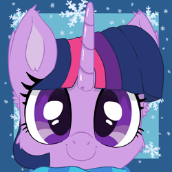 Size: 750x750 | Tagged: safe, artist:bigshot232, imported from derpibooru, twilight sparkle, alicorn, pony, cheek fluff, clothes, cropped, cute, ear fluff, scarf, smiling, snow, snowflake, twiabetes, twilight sparkle (alicorn)