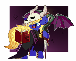 Size: 2500x2000 | Tagged: safe, artist:etoz, imported from derpibooru, oc, oc only, oc:spore, earth pony, pony, snake, bandage, book, candle, claws, clothes, commission, cute, female, fire, gradient background, happy, horn, mare, necromancer, necromancy, skull, smiling, staff, teeth, wings