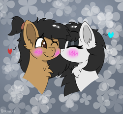 Size: 1250x1154 | Tagged: safe, artist:darkwolfhybrid, imported from derpibooru, oc, oc only, oc:frostie, oc:sketcher, pony, blushing, bust, cheek kiss, chest fluff, commission, disembodied head, eyes closed, head, heart, kiss on the cheek, kissing, one eye closed, ponytail, smiling