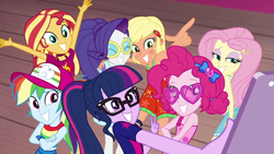 Size: 1920x1080 | Tagged: safe, imported from derpibooru, screencap, applejack, fluttershy, pinkie pie, rainbow dash, rarity, sci-twi, sunset shimmer, twilight sparkle, equestria girls, equestria girls series, i'm on a yacht, spoiler:eqg series (season 2), alternate hairstyle, baseball cap, blushing, cap, cellphone, clothes, dress, female, geode of empathy, geode of fauna, geode of shielding, geode of sugar bombs, geode of super speed, geode of super strength, geode of telekinesis, glasses, group, hat, heart shaped glasses, humane five, humane seven, humane six, magical geodes, peace sign, phone, ponytail, pose, selfie, shipping fuel, sleeveless, smartphone, sunburn, sunglasses, tanned