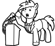 Size: 179x150 | Tagged: safe, artist:crazyperson, imported from derpibooru, pony, unicorn, fallout equestria, fallout equestria: commonwealth, black and white, clothes, fanfic art, formal wear, generic pony, gesture, grayscale, microphone, monochrome, necktie, open mouth, picture for breezies, podium, raised hoof, simple background, suit, talking, transparent background