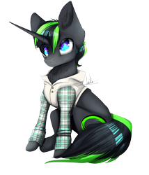 Size: 1908x2232 | Tagged: safe, artist:esth-official, imported from derpibooru, oc, oc only, oc:vortex zero, pony, unicorn, big eyes, black hair, blue eyes, burrito ears, clothes, cute, flannel, gray coat, green hair, male, powdered hooves, powdered snoot, size difference, smaller male, smol, solo, tuxedo