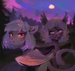 Size: 1000x950 | Tagged: safe, artist:dearmary, imported from derpibooru, oc, bat pony, pony, duo, forest, moon