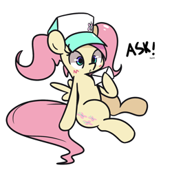 Size: 1280x1280 | Tagged: safe, artist:turtlefarminguy, imported from derpibooru, fluttershy, pegasus, pony, alternate hairstyle, blushing, clothes, envelope, female, hat, mare, simple background, sitting, ummfluttershy, white background