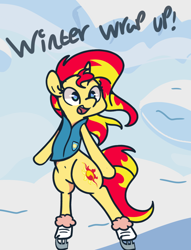 Size: 1280x1674 | Tagged: safe, artist:turtlefarminguy, imported from derpibooru, sunset shimmer, pony, unicorn, equestria girls, winter wrap up, belly button, bipedal, clothes, female, ice skating, mare, open mouth, snow, solo, weather team, winter wrap up vest