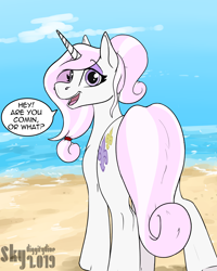 Size: 2400x3000 | Tagged: safe, artist:skydiggitydive, imported from derpibooru, fleur-de-lis, pony, unicorn, beach, female, looking at you, looking back, mare, ponytail, scrunchie, solo, speech bubble, talking to viewer, text