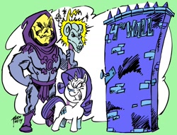 Size: 1280x977 | Tagged: safe, artist:grotezco, imported from derpibooru, rarity, antagonist, breaking the fourth wall, crossover, evil grin, fourth wall, grin, he-man, simple background, skeletor, smiling, villian