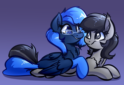 Size: 4000x2750 | Tagged: safe, artist:witchtaunter, imported from derpibooru, oc, oc only, oc:grey matter, earth pony, pegasus, pony, chest fluff, commission, cute, digital art, duo, ear fluff, female, glasses, gradient background, looking at each other, mare, prone, purple background, simple background, smiling
