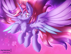 Size: 3000x2250 | Tagged: safe, artist:shad0w-galaxy, imported from derpibooru, rainbow dash, twilight sparkle, alicorn, pony, chest fluff, cute, ear fluff, female, flying, fusion, horn, lesbian, multiple eyes, multiple wings, shipping, smiling, solo, twidash, twilight sparkle (alicorn), wings