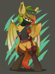 Size: 4006x5351 | Tagged: safe, artist:beardie, imported from derpibooru, oc, oc only, oc:mango, bat pony, pony, absurd resolution, balaclava, bipedal, boots, bow, braid, chest fluff, clothes, ear piercing, goggles, hair bow, knife, mask, multicolored hair, multicolored mane, night vision goggles, piercing, shoes, solo, stockings, the ass was fat, thick, thigh highs, vest