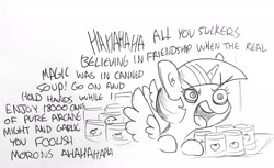 Size: 1661x1015 | Tagged: safe, artist:tjpones, imported from derpibooru, twilight sparkle, alicorn, pony, canned food, context is for the weak, female, food, mare, monochrome, op is on drugs, sketch, solo, soup, text, twilight sparkle (alicorn), wat