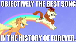 Size: 1920x1080 | Tagged: safe, edit, edited screencap, imported from derpibooru, screencap, applejack, autumn blaze, kirin, pony, sounds of silence, a kirin tale, caption, image macro, rainbow, song, text