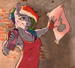 Size: 2000x1800 | Tagged: safe, artist:shimazun, imported from derpibooru, rainbow dash, anthro, alley, alleyway, armpits, clothes, downtown, elbow fluff, female, fingerless gloves, gloves, graffiti, solo, spray can