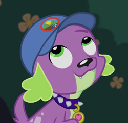 Size: 401x386 | Tagged: safe, imported from derpibooru, screencap, spike, spike the regular dog, dog, equestria girls, legend of everfree, camp everfree logo, cap, cropped, cute, hat, male, smiling, solo, spikabetes