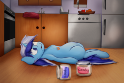 Size: 1500x1000 | Tagged: safe, artist:rainyvisualz, imported from derpibooru, minuette, pony, unicorn, apple, belly, cookie, cookie jar, crumbs, derp, empty jar, female, food, kitchen, laying on floor, lying down, lying on the floor, mare, orange, solo, stomach noise, stuffed