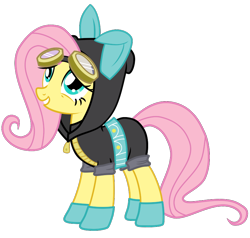 Size: 788x750 | Tagged: safe, artist:srsishere, imported from derpibooru, fluttershy, pony, bunny ears, clothes, costume, dangerous mission outfit, female, goggles, hoodie, mare, simple background, smiling, solo, transparent background, vector