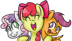 Size: 1076x616 | Tagged: safe, artist:srsishere, imported from derpibooru, apple bloom, scootaloo, sweetie belle, pegasus, pony, unicorn, cutie mark crusaders, female, filly, hug, open mouth, simple background, smiling, transparent background, trio