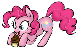 Size: 913x589 | Tagged: safe, artist:srsishere, artist:steffy-beff, color edit, edit, imported from derpibooru, pinkie pie, earth pony, pony, colored, cupcake, cute, cutie mark, diapinkes, female, food, happy, mare, open mouth, simple background, solo, white background