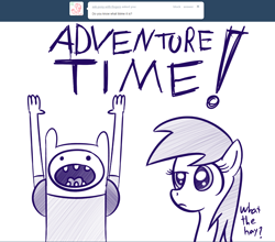 Size: 1280x1126 | Tagged: safe, artist:datahmedz, imported from derpibooru, sunshower raindrops, pony, raindropsanswers, adventure time, ask, crossover, finn the human, monochrome, tumblr, what the hay, what the hay?