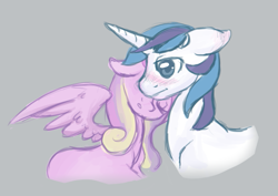 Size: 729x517 | Tagged: safe, artist:srsishere, imported from derpibooru, princess cadance, shining armor, pony, unicorn, blushing, female, floppy ears, gray background, male, mare, nuzzling, shiningcadance, shipping, simple background, stallion, straight