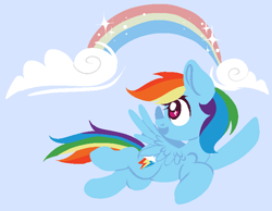 Size: 727x565 | Tagged: safe, artist:srsishere, imported from derpibooru, rainbow dash, pegasus, pony, backwards cutie mark, cloud, female, flying, looking back, mare, open mouth, pixel art, rainbow, raised hoof, solo