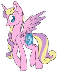 Size: 442x553 | Tagged: safe, artist:srsishere, imported from derpibooru, princess skyla, alicorn, pony, braided ponytail, cutie mark, eyeshadow, female, makeup, mare, older, ponytail, simple background, smiling, solo, spread wings, walking, white background, wings