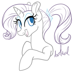 Size: 408x406 | Tagged: safe, artist:srsishere, imported from derpibooru, rarity, pony, unicorn, alternate hairstyle, bust, female, hair tie, limited palette, lineart, looking at you, mare, open mouth, ponytail, simple background, solo, white background