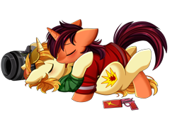 Size: 2494x1816 | Tagged: safe, artist:pridark, imported from derpibooru, oc, oc only, oc:high impact, oc:lodestar, pony, unicorn, blushing, clothes, duo, eyes closed, female, floppy ears, goggles, gun, highstar, jacket, kissing, male, mare, oc x oc, rocket launcher, shipping, simple background, stallion, straight, thong, transparent background, underwear