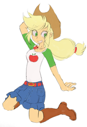 Size: 874x1280 | Tagged: safe, artist:haibaratomoe, imported from derpibooru, applejack, equestria girls, equestria girls series, belt, boots, clothes, cowboy boots, cowboy hat, denim skirt, female, freckles, hat, simple background, skirt, solo, stetson, white background