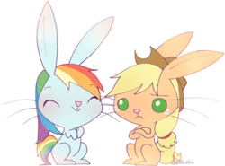 Size: 603x446 | Tagged: safe, artist:sa-eku, imported from derpibooru, applejack, rainbow dash, rabbit, appledash, blushing, bunnified, cute, dashabetes, eyes closed, female, freckles, hat, jackabetes, lesbian, shipping, simple background, smiling, species swap, white background