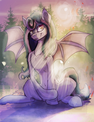 Size: 927x1200 | Tagged: safe, artist:blindcoyote, imported from derpibooru, oc, oc only, bat pony, pony, backlighting, belly, belly button, blurry background, chest fluff, collarbone, concave belly, crepuscular rays, lighting, ribcage, shading, signature, sitting, slim, solo, spread wings, thin, wings