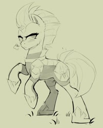 Size: 1500x1867 | Tagged: safe, artist:dino_horse, imported from derpibooru, tempest shadow, pony, unicorn, armor, broken horn, female, hoof shoes, horn, mare, prize, raised hoof, rearing, sketch, ych result