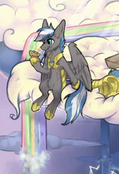 Size: 1635x2375 | Tagged: safe, artist:lonerdemiurge_nail, imported from derpibooru, oc, oc only, oc:cloud zapper, pegasus, pony, armor, cloud, eating, food, hoof hold, hoof shoes, liquid rainbow, male, muffin, solo, stallion
