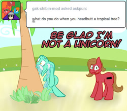 Size: 771x675 | Tagged: safe, artist:command-a-pony, imported from derpibooru, lyra heartstrings, oc, oc:pun, earth pony, pony, ask pun, ask, female, mare, palm tree, tree, unicorn problems