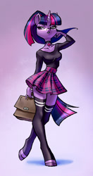 Size: 1089x2067 | Tagged: safe, artist:holivi, imported from derpibooru, twilight sparkle, anthro, unguligrade anthro, unicorn, :o, alternate hairstyle, aside glance, bad girl, beautiful, breasts, briefcase, busty twilight sparkle, choker, clothes, collar, contrapposto, cutie mark collar, female, gradient background, legs, lidded eyes, mare, miniskirt, open mouth, plaid skirt, pleated skirt, ponytail, school bag, school uniform, schoolgirl, shirt, sideways glance, skirt, solo, stockings, thigh highs, unicorn twilight, zettai ryouiki