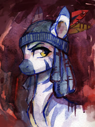 Size: 1100x1469 | Tagged: safe, artist:koviry, imported from derpibooru, oc, oc only, oc:indikashigo, pony, zebra, beanie, bust, dreadlocks, feather, hat, solo, traditional art