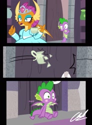 Size: 1600x2178 | Tagged: safe, artist:succubi samus, imported from derpibooru, smolder, spike, dragon, awkward, blushing, clothes, comic strip, commission, cup, cute, door, dress, female, i can explain, jewelry, male, mascara, no dialogue, princess smolder, shipping, show accurate, signature, smolderbetes, spolder, spread wings, storage, straight, teacup, tiara, wingboner, winged spike, wings