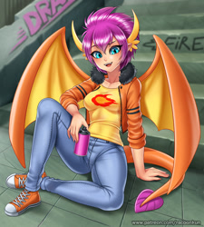 Size: 1000x1110 | Tagged: safe, artist:racoonsan, imported from derpibooru, smolder, human, season 8, spoiler:s08, anime, breasts, busty smolder, clothes, converse, cute, female, horned humanization, humanized, jacket, jeans, looking at you, older, open mouth, pants, shirt, shoes, smolderbetes, sneakers, solo, spray can, spray paint, stairs, tailed humanization, tomboy, winged humanization, wings