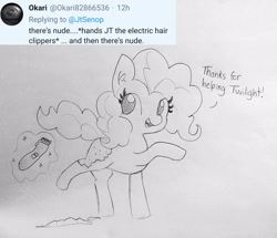 Size: 1676x1440 | Tagged: safe, artist:tjpones, imported from derpibooru, pinkie pie, earth pony, pony, ask, dialogue, ear fluff, electric razor, female, hair clipper, implied twilight sparkle, magic, magic glow, mare, offscreen character, raised hoof, shaved, telekinesis, text, tumblr, twitter