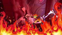 Size: 1920x1080 | Tagged: safe, artist:conthauberger, edit, edited screencap, imported from derpibooru, screencap, storm king, sunset shimmer, equestria girls, my little pony: the movie, duo, female, fight, final battle, fire, male, showdown