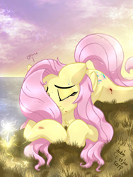 Size: 1050x1400 | Tagged: safe, artist:joakaha, imported from derpibooru, fluttershy, pegasus, pony, blood, eyes closed, female, grass, injured, mare, sky, solo, sweat, water