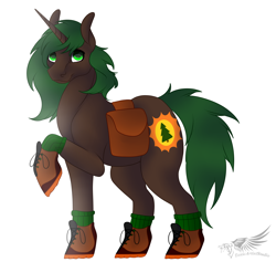 Size: 4246x4030 | Tagged: safe, artist:toxicartiststudio, imported from derpibooru, oc, oc only, oc:pine hearts, oc:pine shine, pony, unicorn, absurd resolution, boots, clothes, female, hiking, mare, saddle bag, shoes, socks, solo