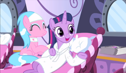 Size: 1317x767 | Tagged: safe, imported from derpibooru, screencap, aloe, twilight sparkle, alicorn, pony, rarity's biggest fan, alternate hairstyle, bathrobe, clothes, duo, female, mane styling, mare, reclining, robe, sitting, smiling, twilight sparkle (alicorn)