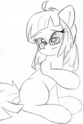Size: 1292x1939 | Tagged: safe, artist:zemer, imported from derpibooru, oc, oc:sphee, pony, blank flank, glasses, monochrome, sitting
