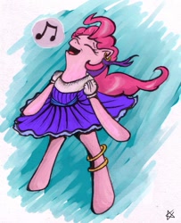 Size: 1101x1353 | Tagged: safe, artist:inky-draws, imported from derpibooru, pinkie pie, pony, bipedal, clothes, dress, gypsy, gypsy pie, singing