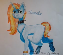Size: 960x850 | Tagged: safe, artist:olchusia52, imported from derpibooru, oc, oc only, oc:streetz, pony, unicorn, bracelet, choker, ear piercing, earring, female, fishnets, jewelry, mare, piercing, solo, spiked choker, traditional art, wristband