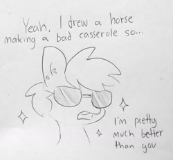 Size: 1329x1221 | Tagged: safe, artist:tjpones, imported from derpibooru, oc, oc only, earth pony, pony, bust, dialogue, ear fluff, ear piercing, grayscale, horse famous, lineart, male, monochrome, open mouth, piercing, simple background, solo, sparkles, stallion, sunglasses, traditional art