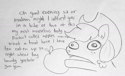 Size: 1356x831 | Tagged: safe, artist:tjpones, imported from derpibooru, applejack, earth pony, pony, apple, applejack's hat, cowboy hat, dialogue, ear fluff, female, food, grayscale, hat, hoof hold, howdy, lineart, mare, monochrome, simple background, solo, that pony sure does love apples, traditional art, yeehaw