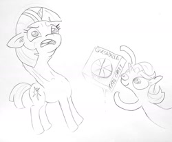 Size: 1744x1440 | Tagged: safe, artist:tjpones, imported from derpibooru, starlight glimmer, twilight sparkle, pony, unicorn, adorkable, cute, disgusted, do not want, dork, duo, female, food, grayscale, lineart, long neck, mare, monochrome, moral event horizon, open mouth, pure unfiltered evil, quesadilla, simple background, sweet dreams fuel, they're just so cheesy, traditional art, turophobia, twiabetes, varying degrees of want